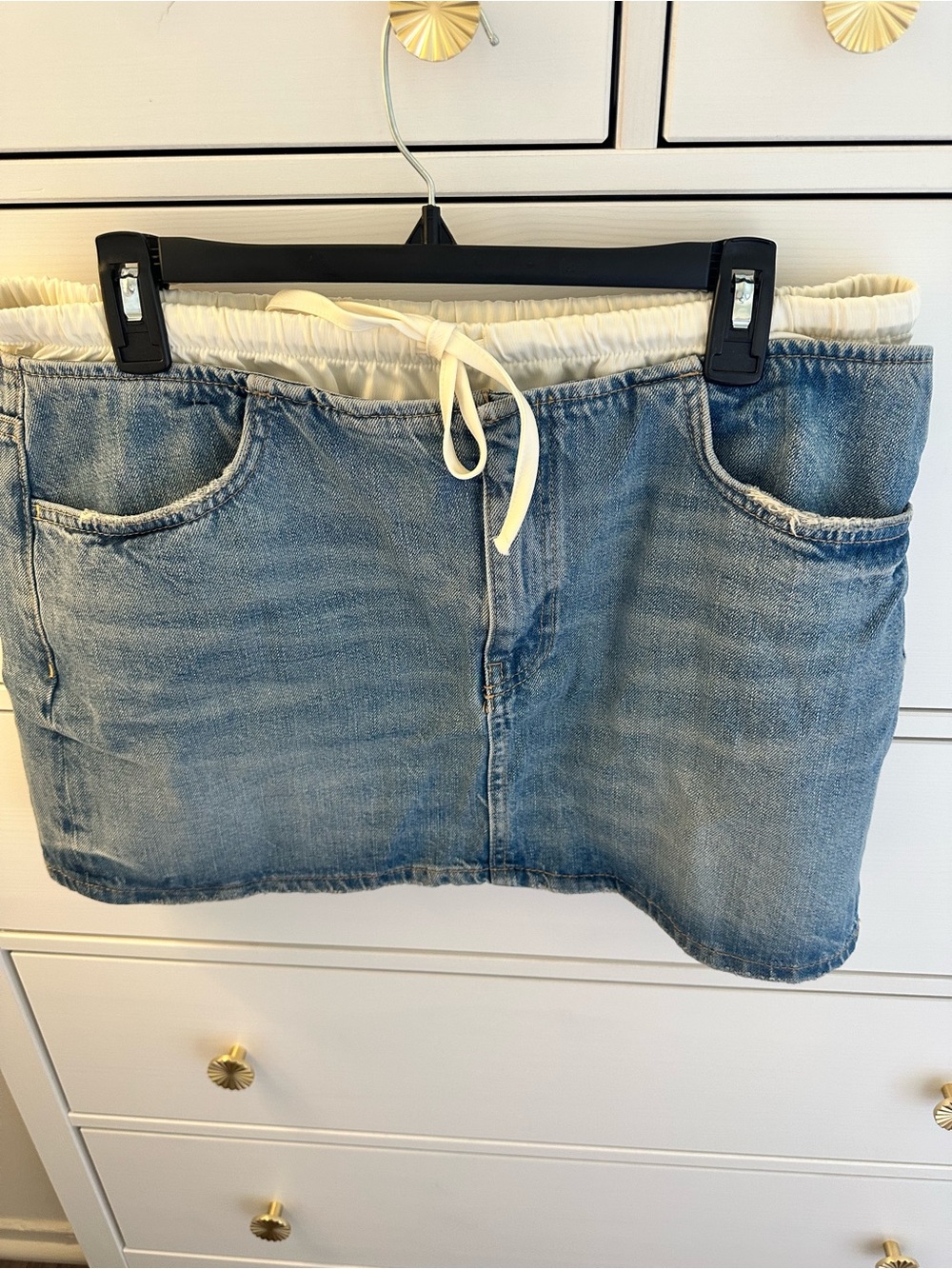 Zara Light Blue Denim Mini Skirt with Cream Drawstring